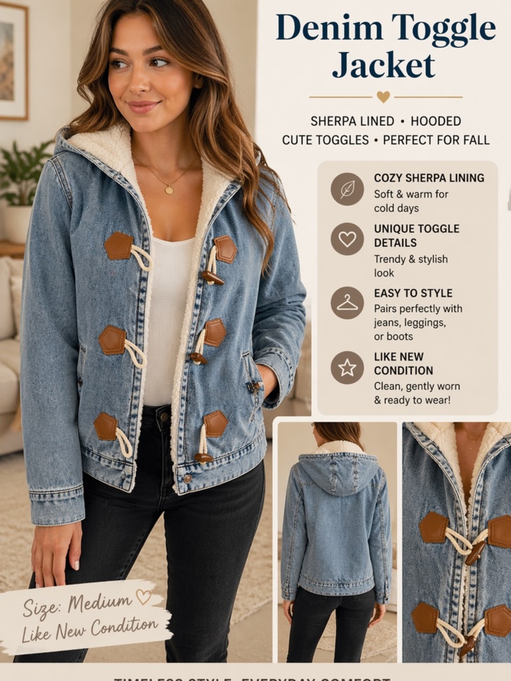 Women’s Sherpa Lined Denim Toggle Jacket | Cozy Hooded Jean Jacket M